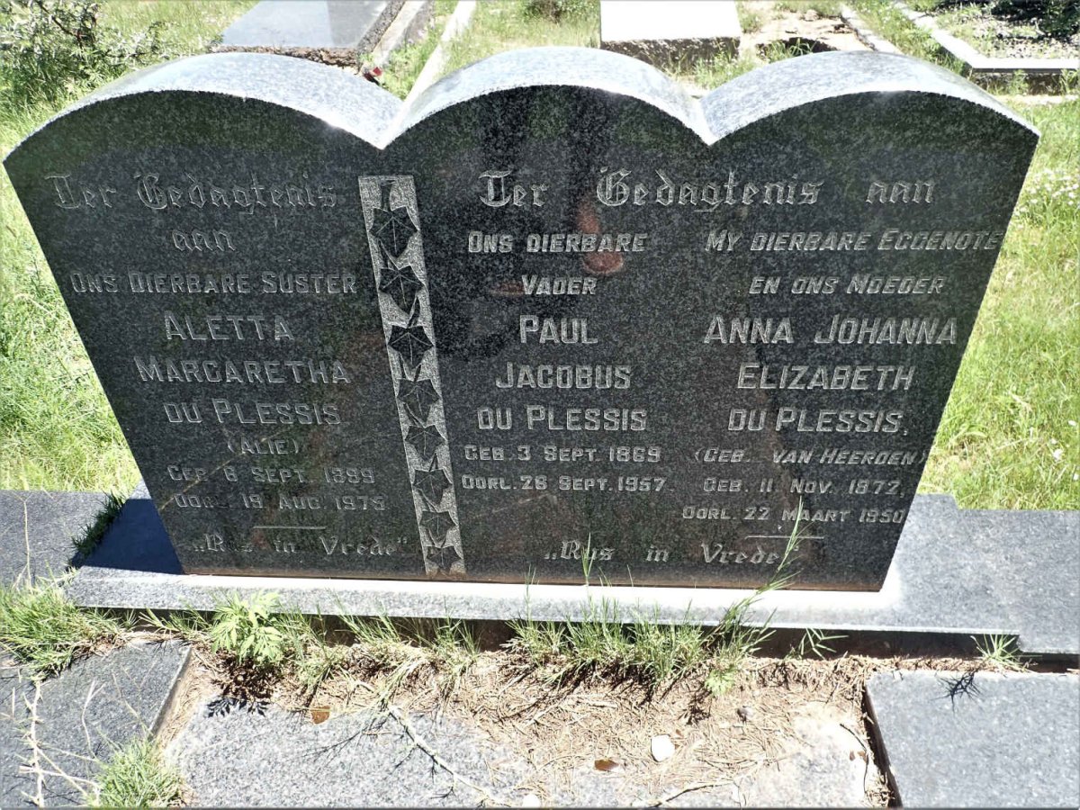 PLESSIS Paul Jacobus, du 1869-1957 &amp; Anna Johanna Elizabeth VAN HEERDEN 1872-1950 :: DU PLESSIS Aletta Margaretha 1899-1975