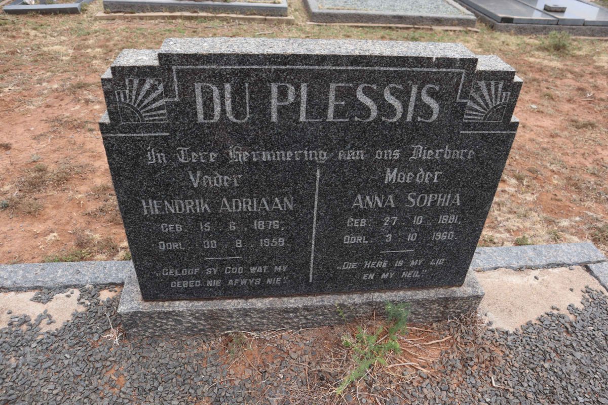 PLESSIS Hendrik Adriaan, du 1876-1959 & Anna Sophia 1881-1960