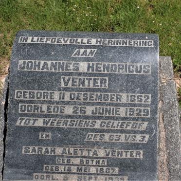 VENTER Johannes Hendricus 1852-1929 &amp; Sarah Aletta BOTHA 1867-193?