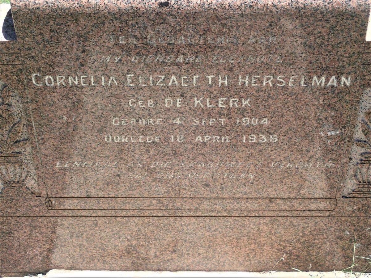 HERSELMAN Cornelia Elizabeth nee DE KLERK 1904-1936