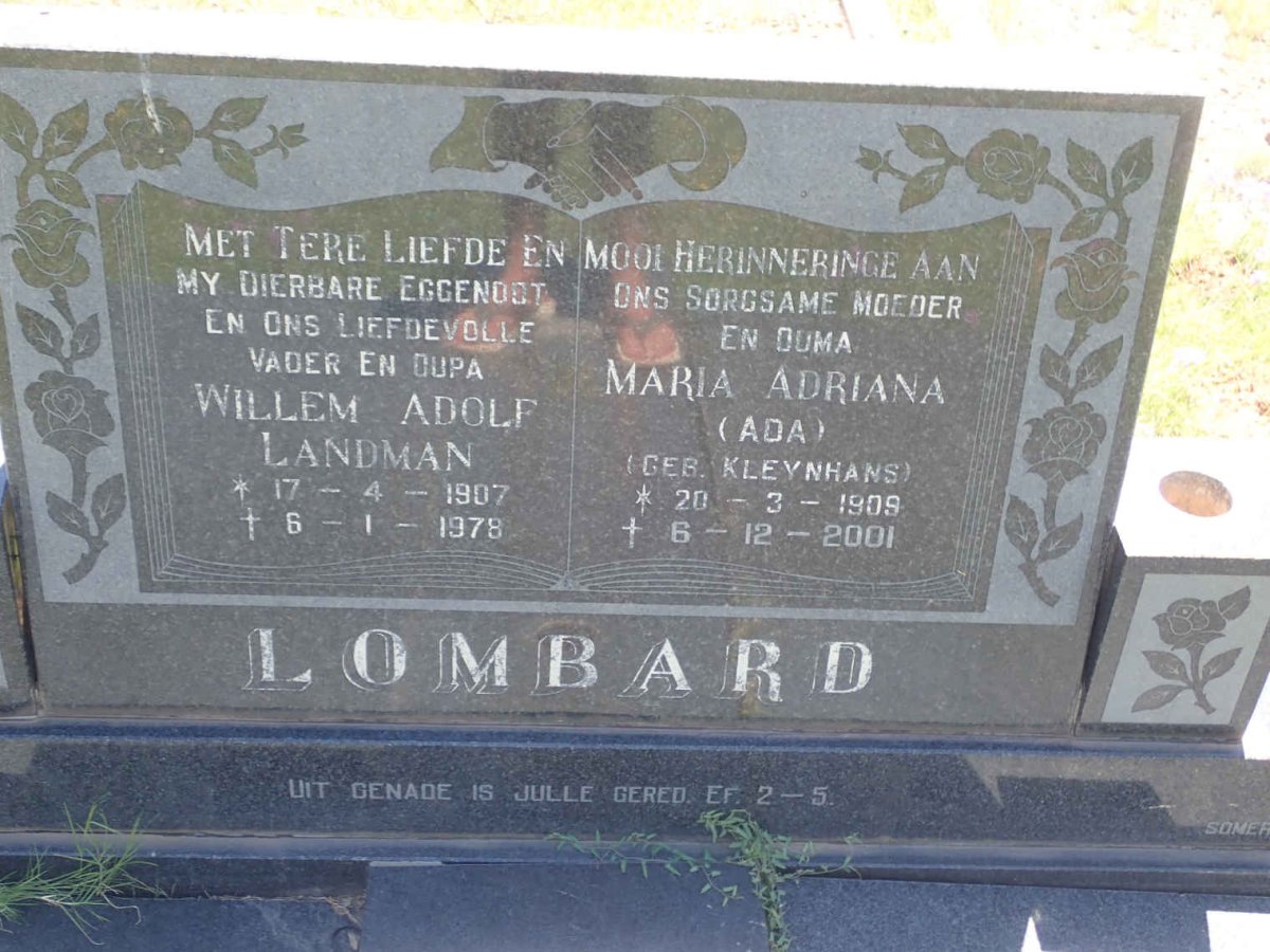 LOMBARD Willem Adolf Landman 1907-1978 &amp; Maria Adriana KLEYNHANS 1909-2001