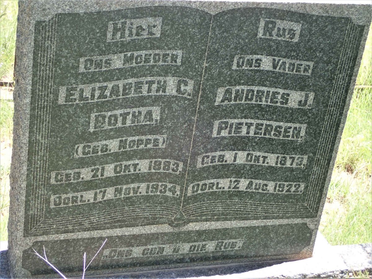 PIETERSEN Andries J. 1873-1922 &amp; Elizabeth C. Botha NOPPE 1883-1934