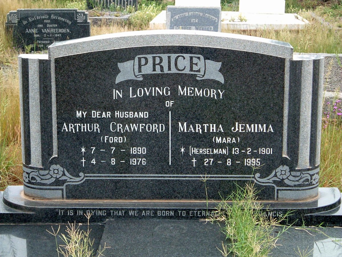 PRICE Arthur Crawford 1890-1976 :: PRICE Martha Jemima nee HERSELMAN 1901-1995