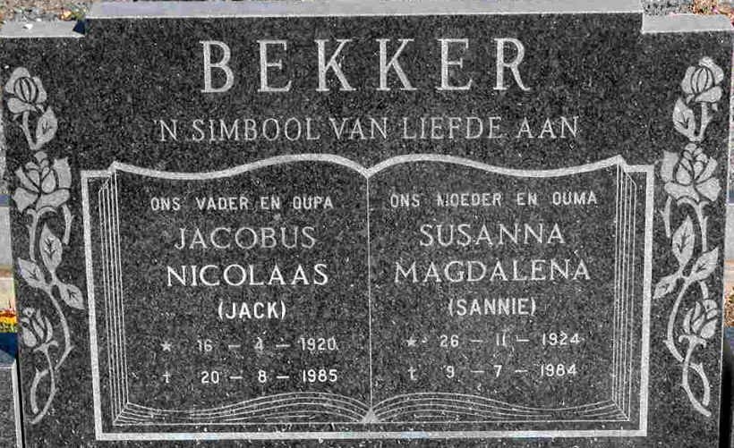 BEKKER Jacobus Nicolaas 1920-1985 &amp; Susanna Magdalena 1924-1984
