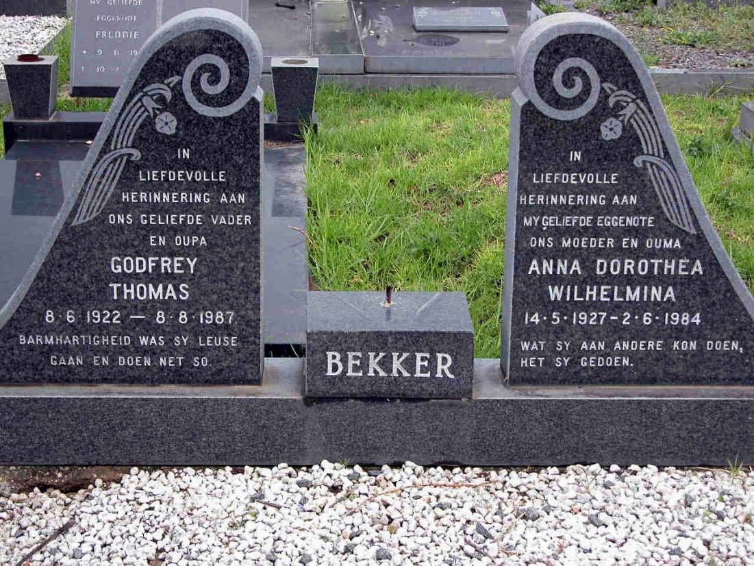 BEKKER Godfrey Thomas 1922-1987 &amp; Anna Dorothea Wilhelmina 1927-1984