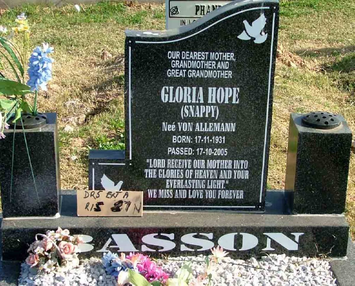BASSON Gloria Hope nee VON ALLEMANN 1931-2005