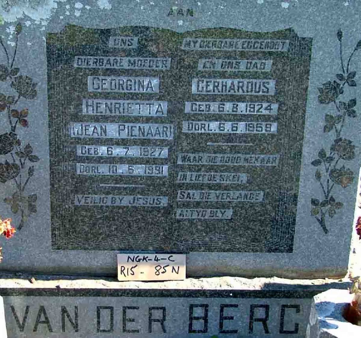 BERG Gerhardus, van der 1924-1959 &amp; Georgina Henrietta PIENAAR 1927-1991