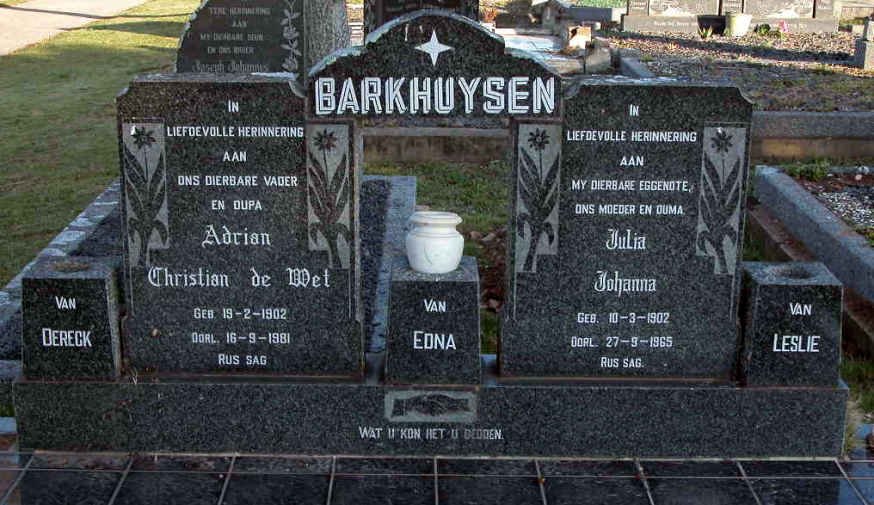 BARKHUYSEN Adrian Christian de Wet 1902-1981 &amp; Julia Johanna 1902-1965