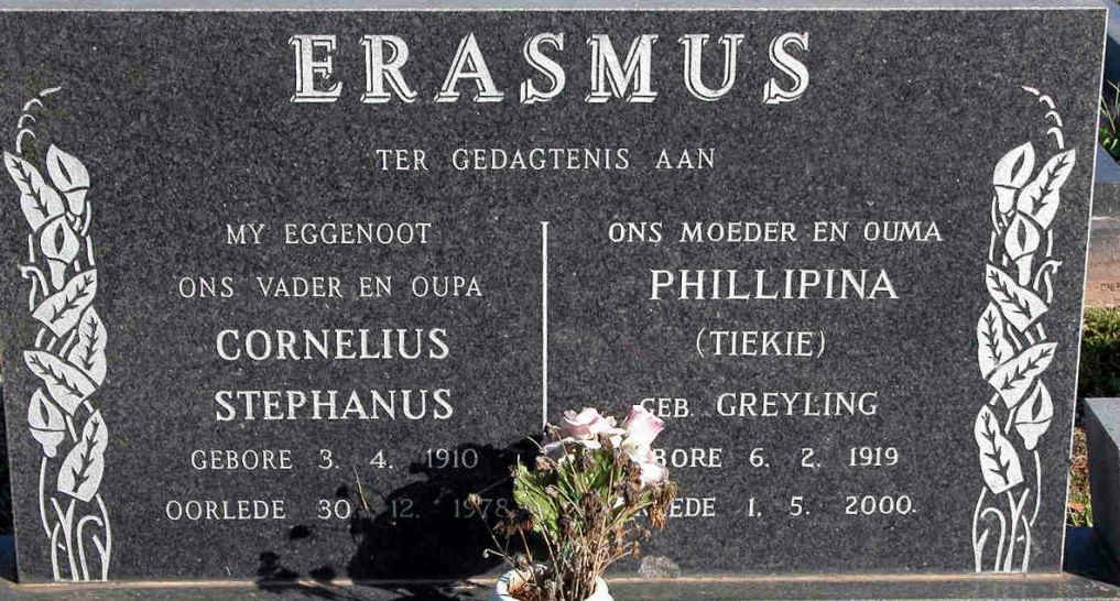 ERASMUS Cornelius Stephanus 1910-1978 &amp; Phillipina GREYLING 1919-2000