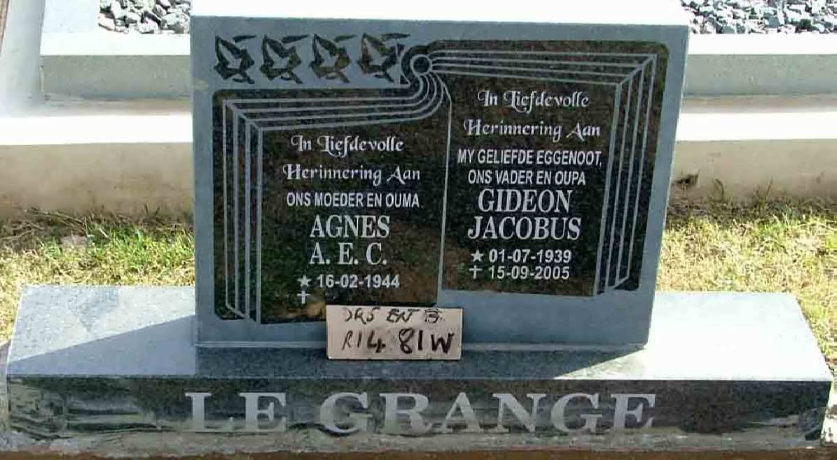 GRANGE Gideon Jacobus, le 1939-2005 &amp; Agnes A.E.C. 1944-