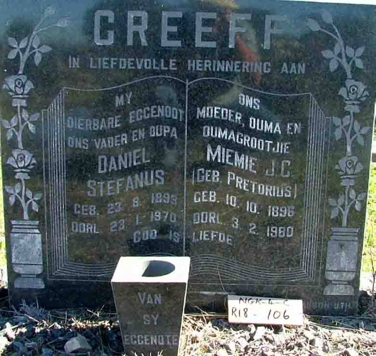 GREEFF Daniel Stefanus 1893-1970 &amp; Miemie J.C. PRETORIUS 1896-1980