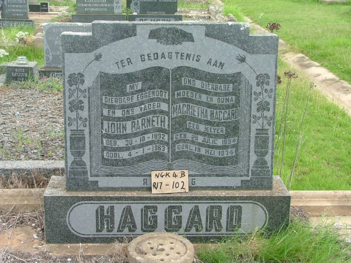 HAGGARD John Barneth 1892-1963 &amp; Magrietha MEYER 1894-1974