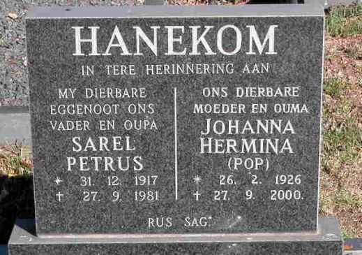 HANEKOM Sarel Petrus 1917-1981 &amp; Johanna Hermina 1926-2000