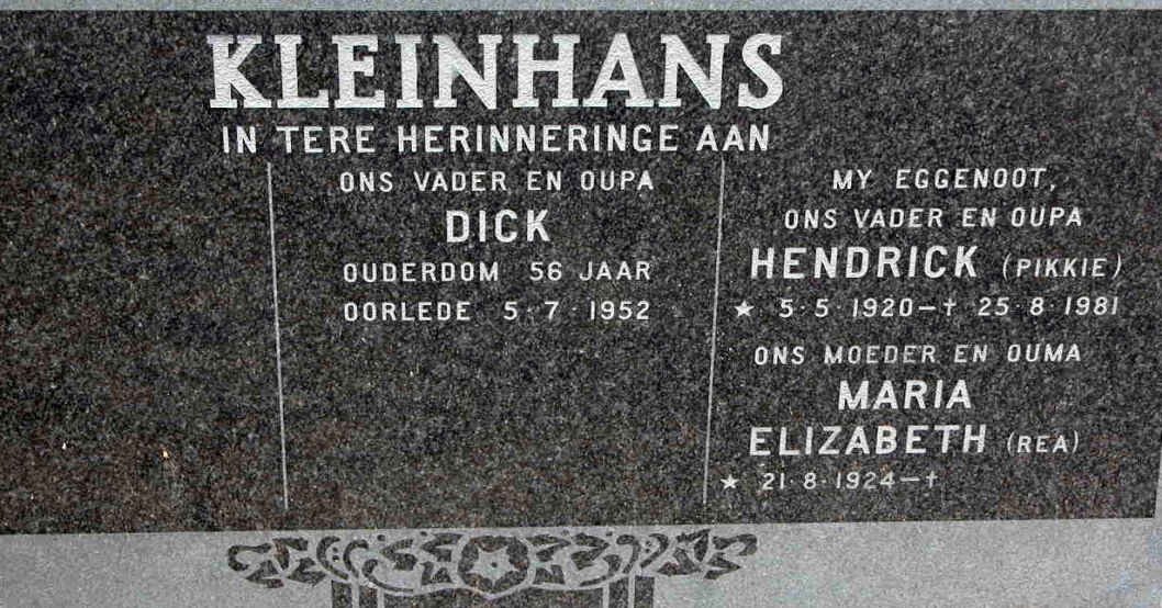 KLEINHANS Dick -1952 :: KLEINHANS Hendrick 1920-1981 &amp; Maria Elizabeth 1924- 