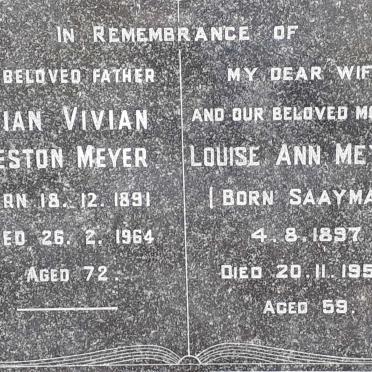 MEYER Brian Vivian Weston 1891-1964 &amp; Louis Ann SAAYMAN 1897-1955
