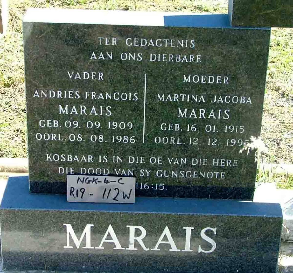 MARAIS Andries Francois 1909-1986 &amp; Martina Jacoba 1915-1995