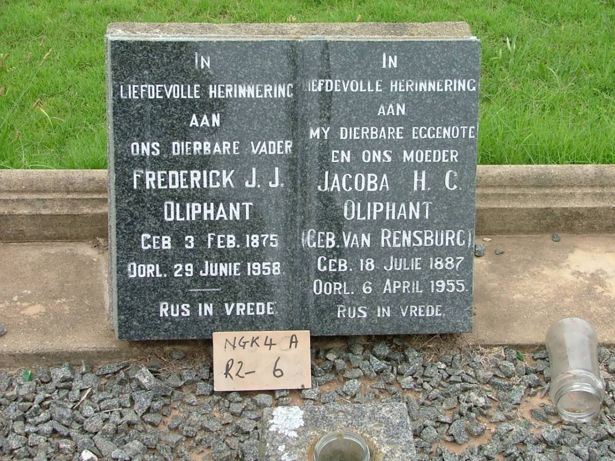 OLIPFANT Frederick J.J. 1875-1958 &amp; Jacoba H.C. VAN RENSBURG 1887-1955