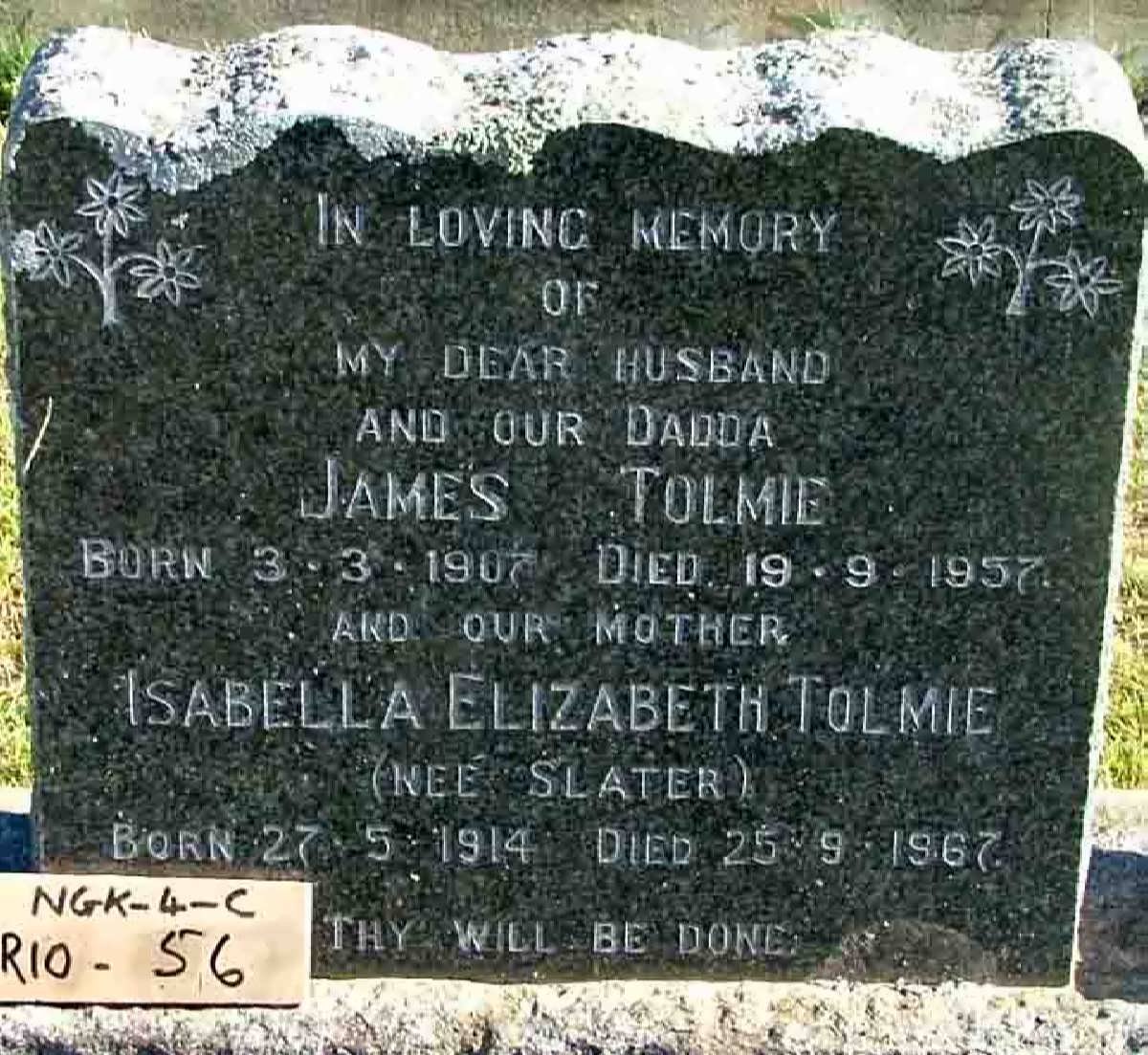TOLMIE James 1907-1957 &amp; Isabella Elizabeth SLATER 1914-1967