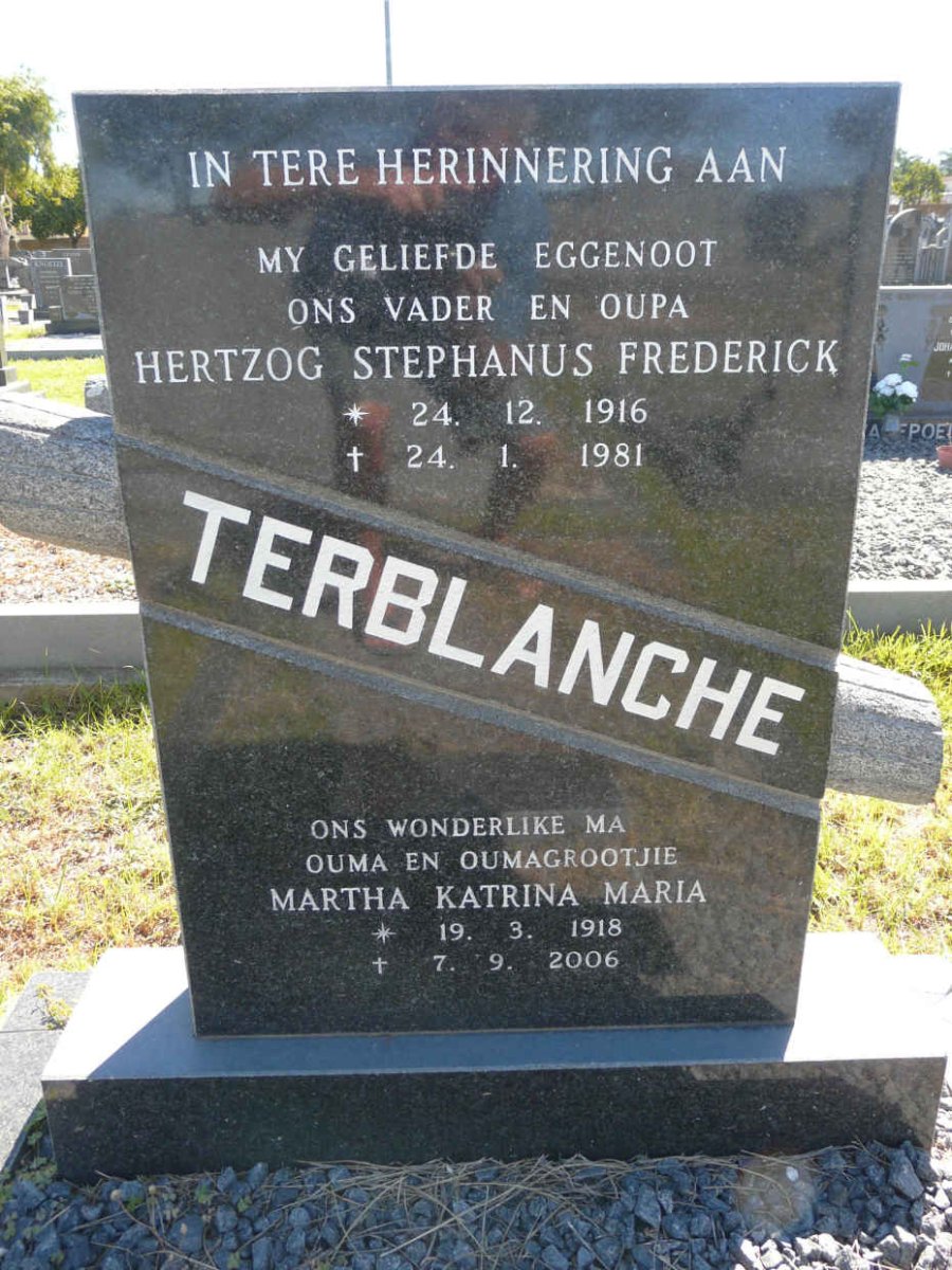 TERBLANCHE Hertzog Stephanus Frederick 1916-1981 &amp; Martha Katrina Maria 1918-2006