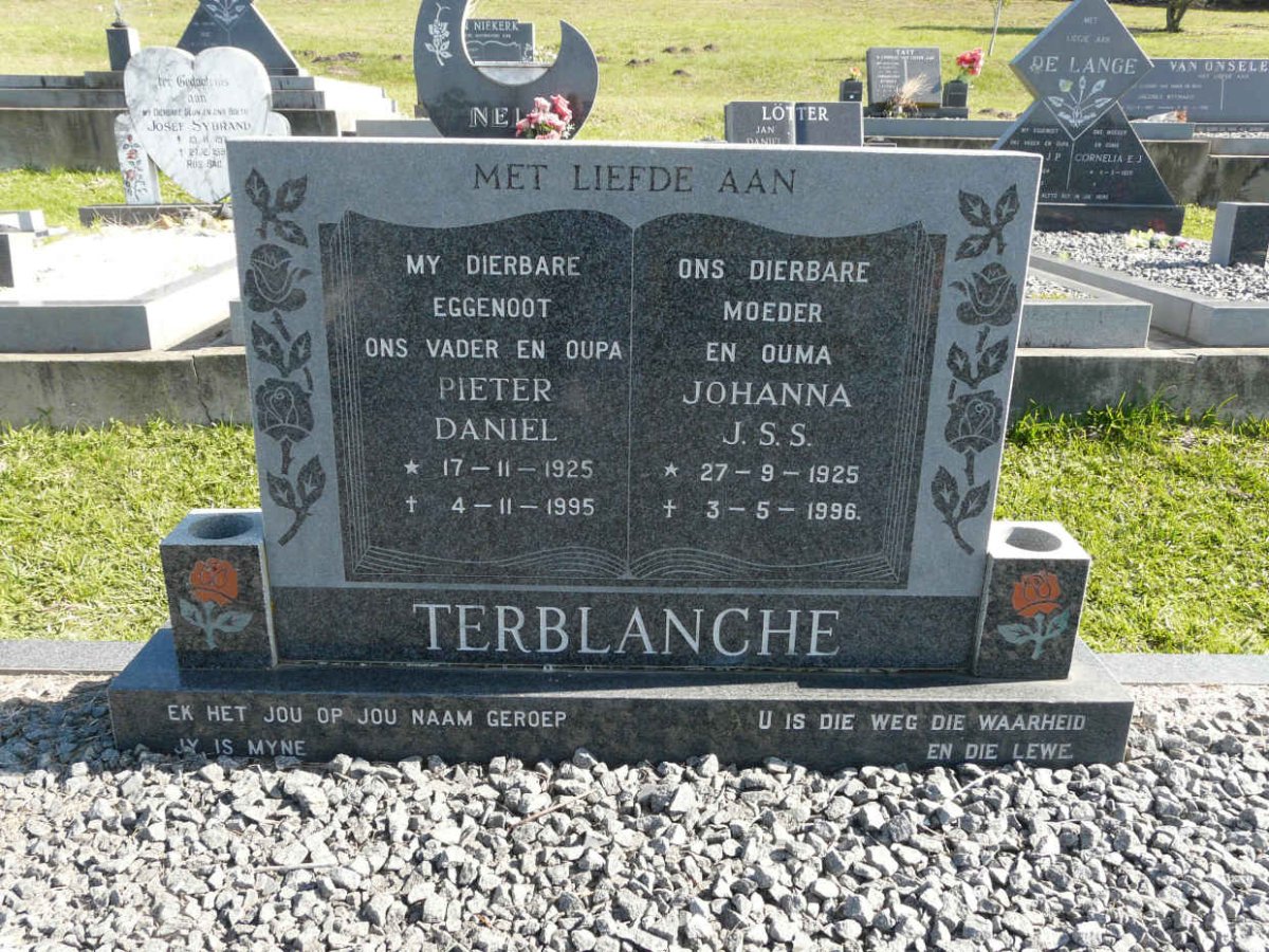 TERBLANCHE Pieter Daniel 1925-1995 &amp; Johanna J.S.S. 1925-1996