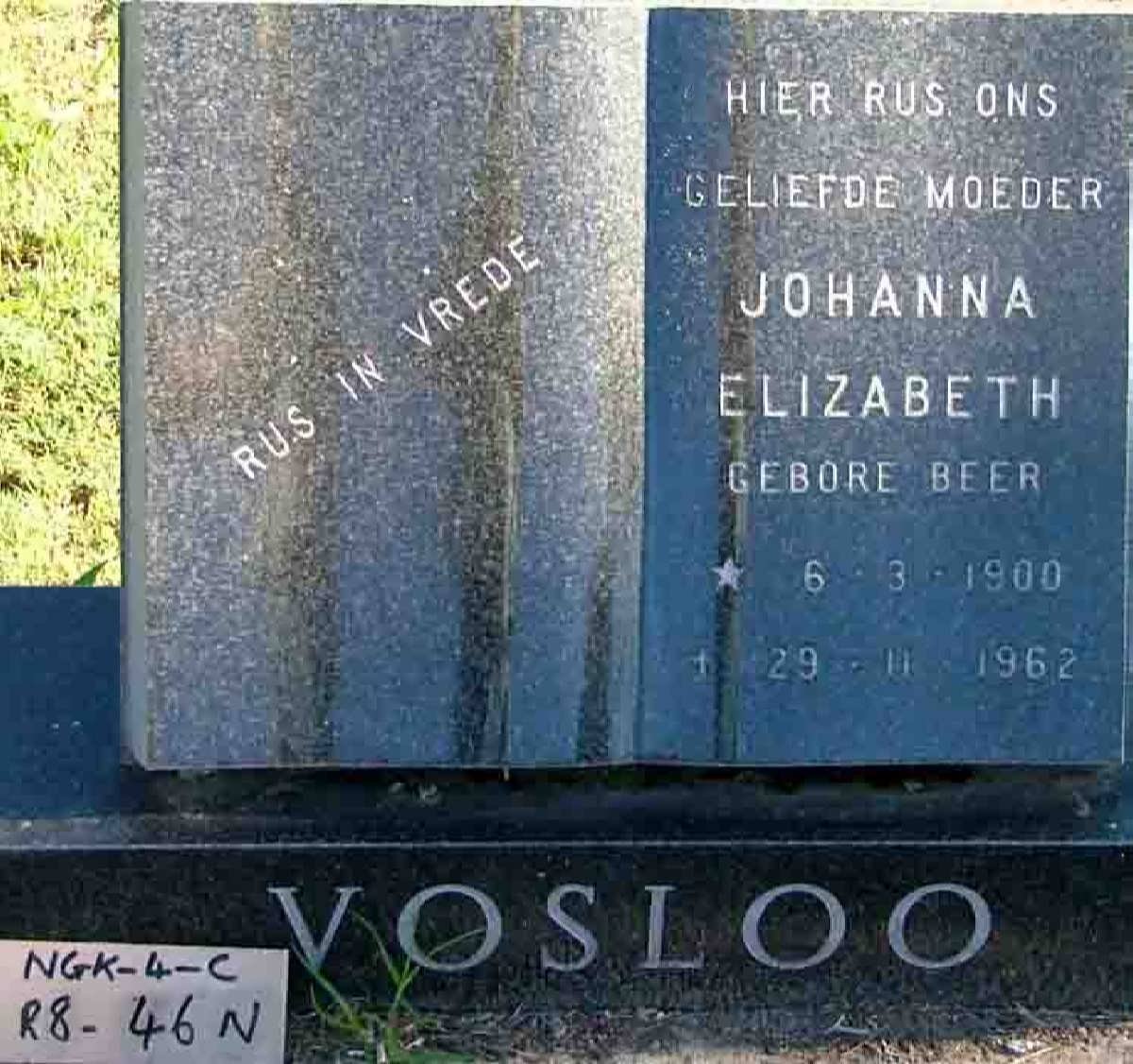VOSLOO Johanna Elizabeth nee BEER 1900-1962