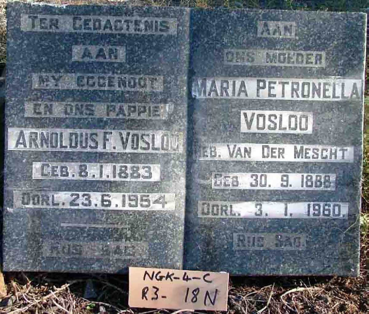VOSLOO Arnoldus F. 1883-1954 &amp; Maria Petronella VAN DER MESCHT 1888-1960