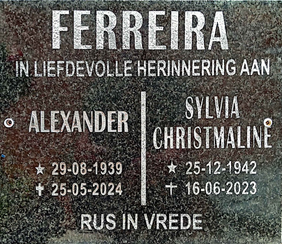 FERREIRA Alexander 1939-2024 & Sylvia Christmaline 1942-2023