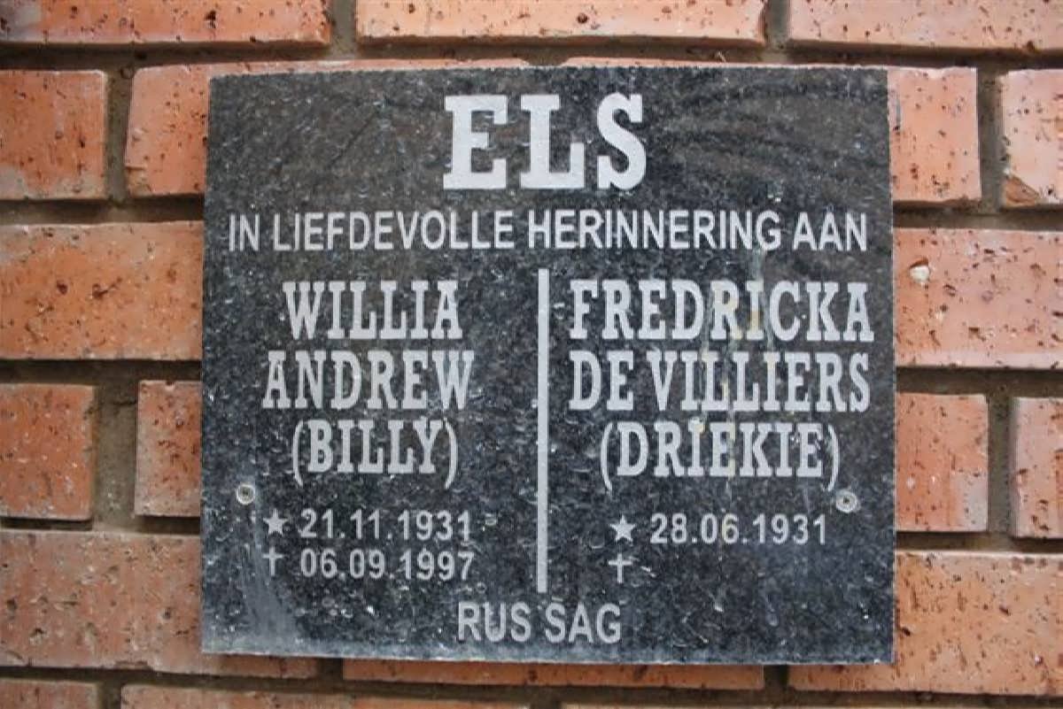 ELS Willia Andrew 1931-1997 &amp; Fredricka DE VILLIERS 1931-