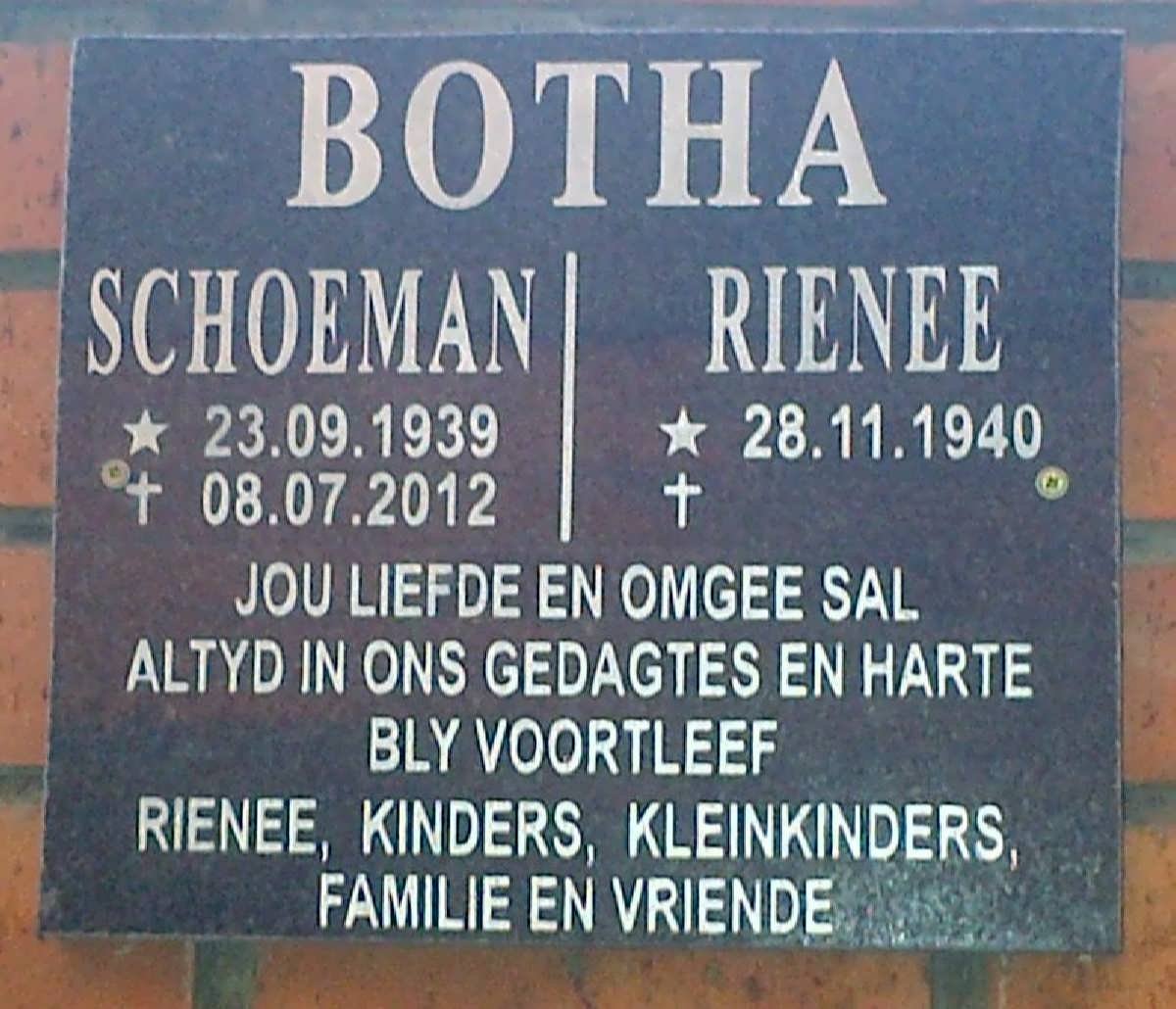 BOTHA Schoeman 1939-2012 &amp; Rienee 1940-