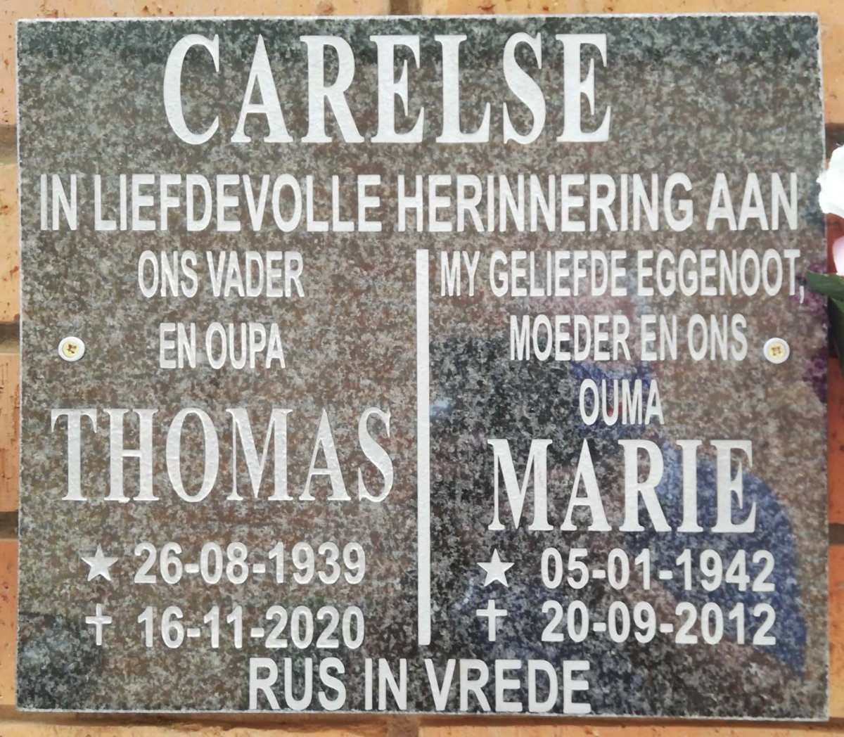 CARELSE Thomas 1939-2020 &amp; Marie 1942-2012
