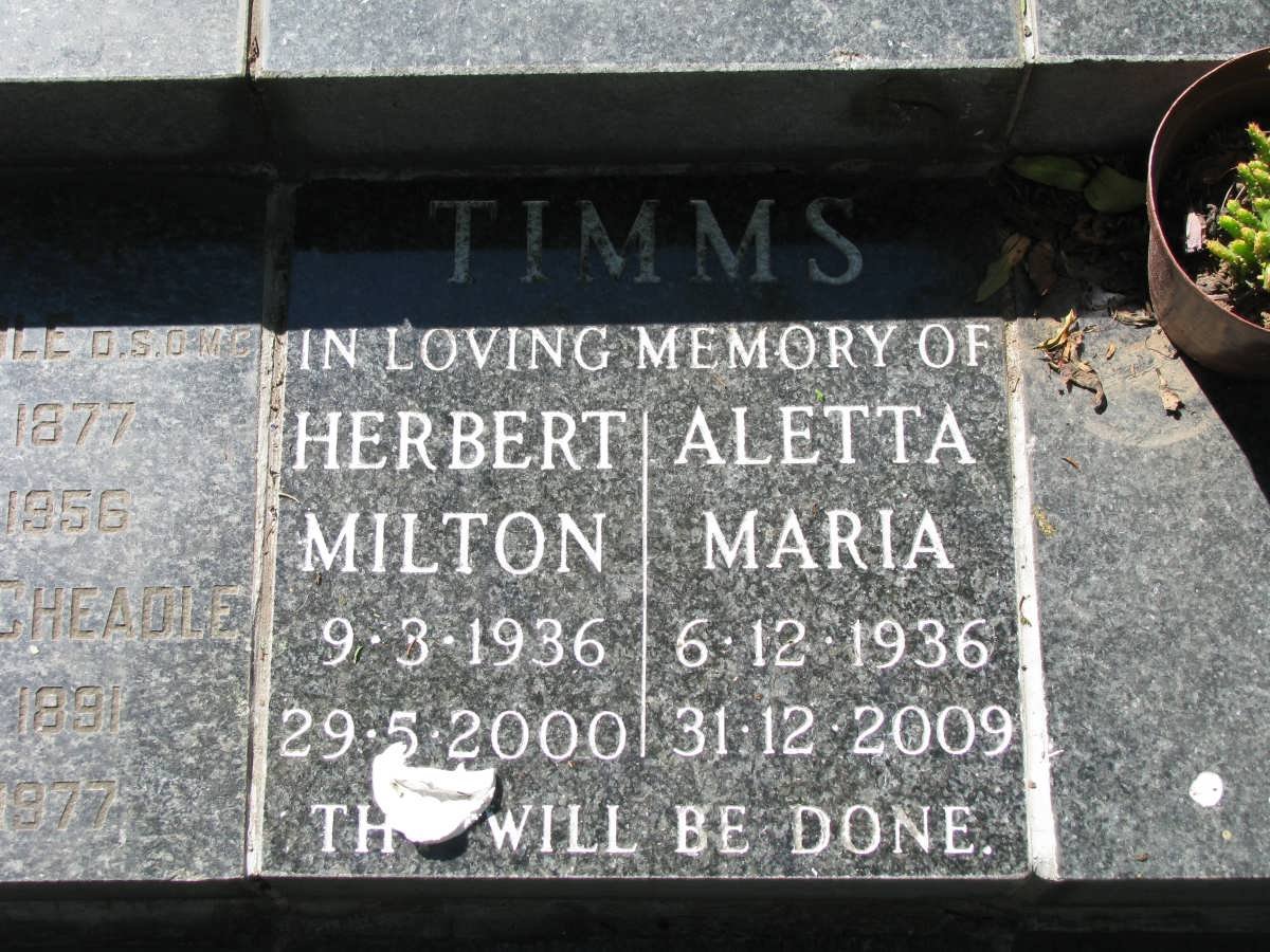 TIMMS Herbert Milton 1936-2000 &amp; Aletta Maria 1936-2009 