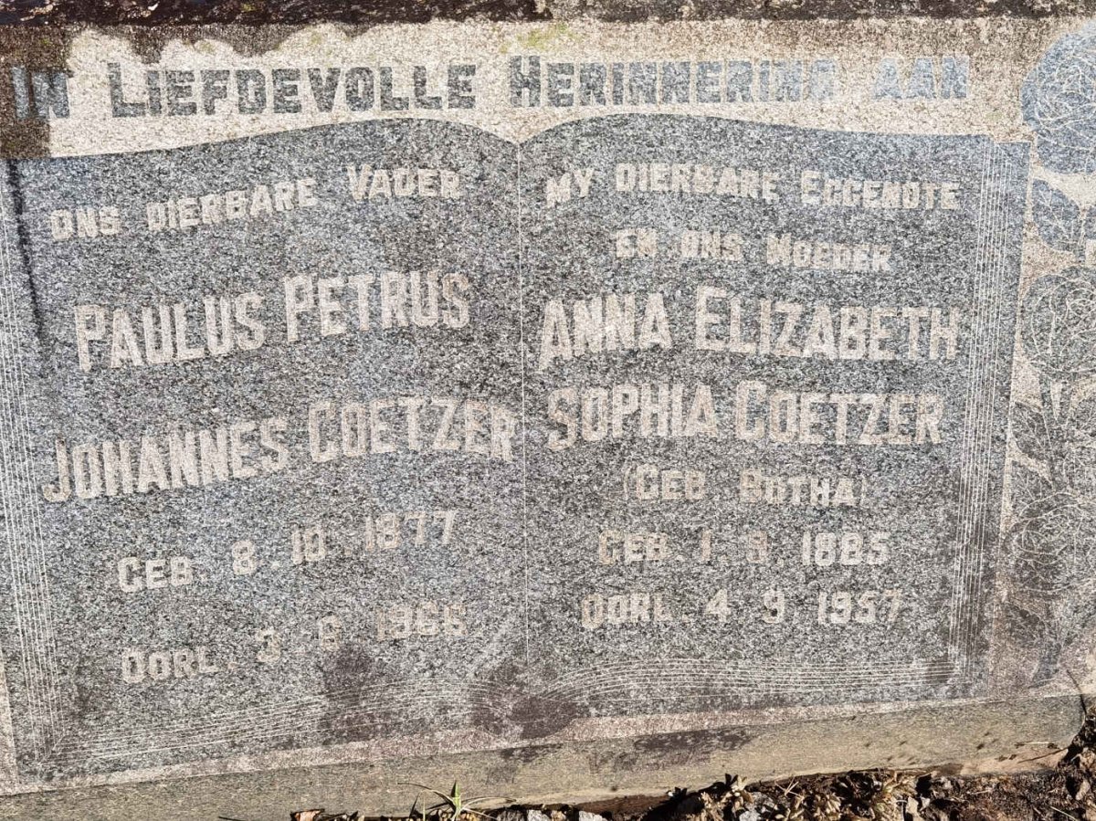 COETZER Paulus Petrus Johannes 1877-1966 &amp; Anna Elizabeth Sophia BOTHA 1885-1957