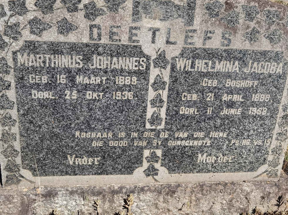 DEETLEFS Marthinus Johannes 1889-1936 &amp; Wilhelmina Jacoba BOSHOFF 1888-1958