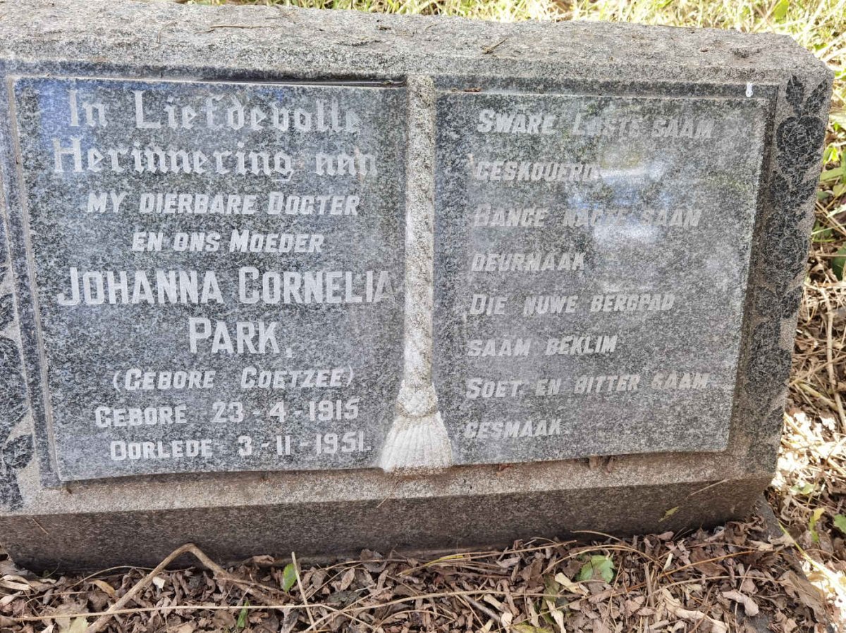 PARK Johanna Cornelia nee COETZEE 1915-1951