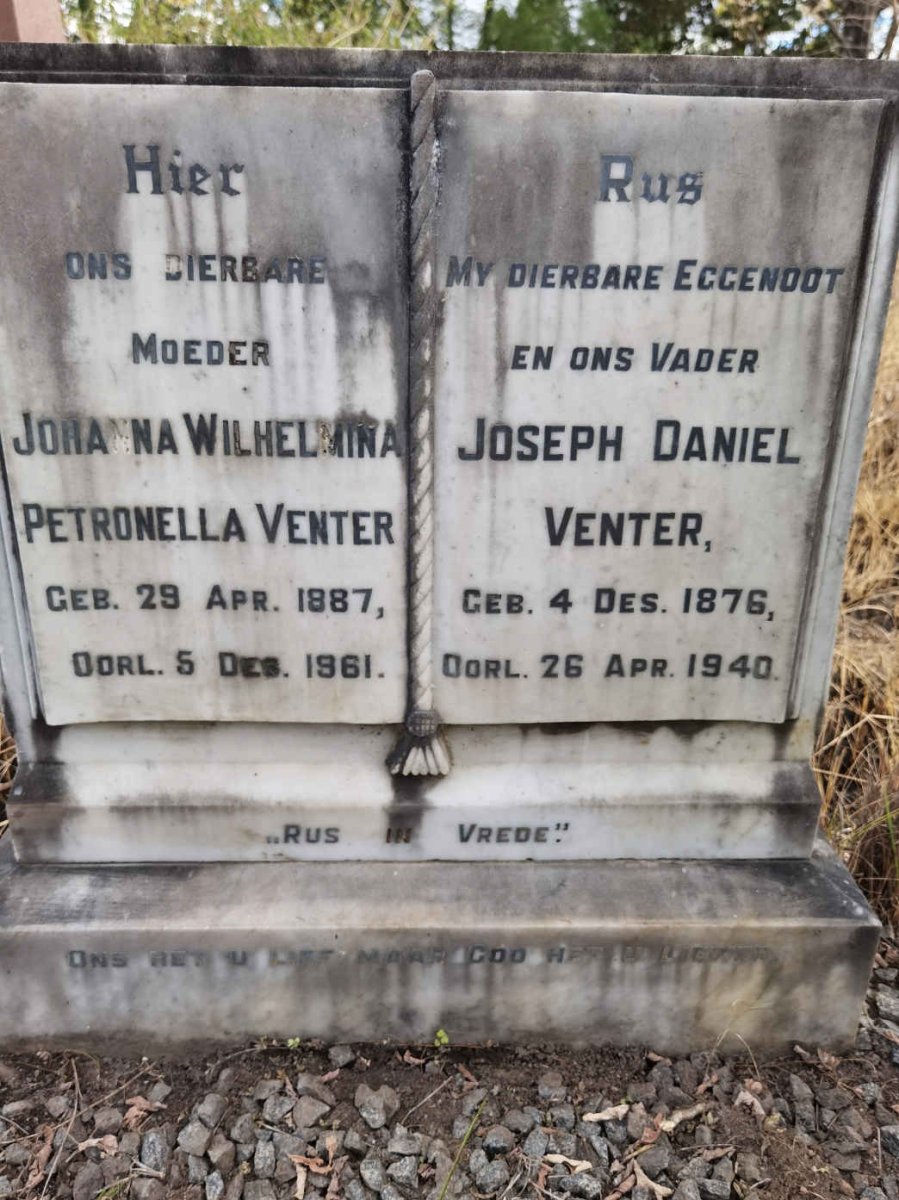 VENTER Joseph Daniel 1876-1940 &amp; Johanna Wilhelmina Petronella 1887-1961