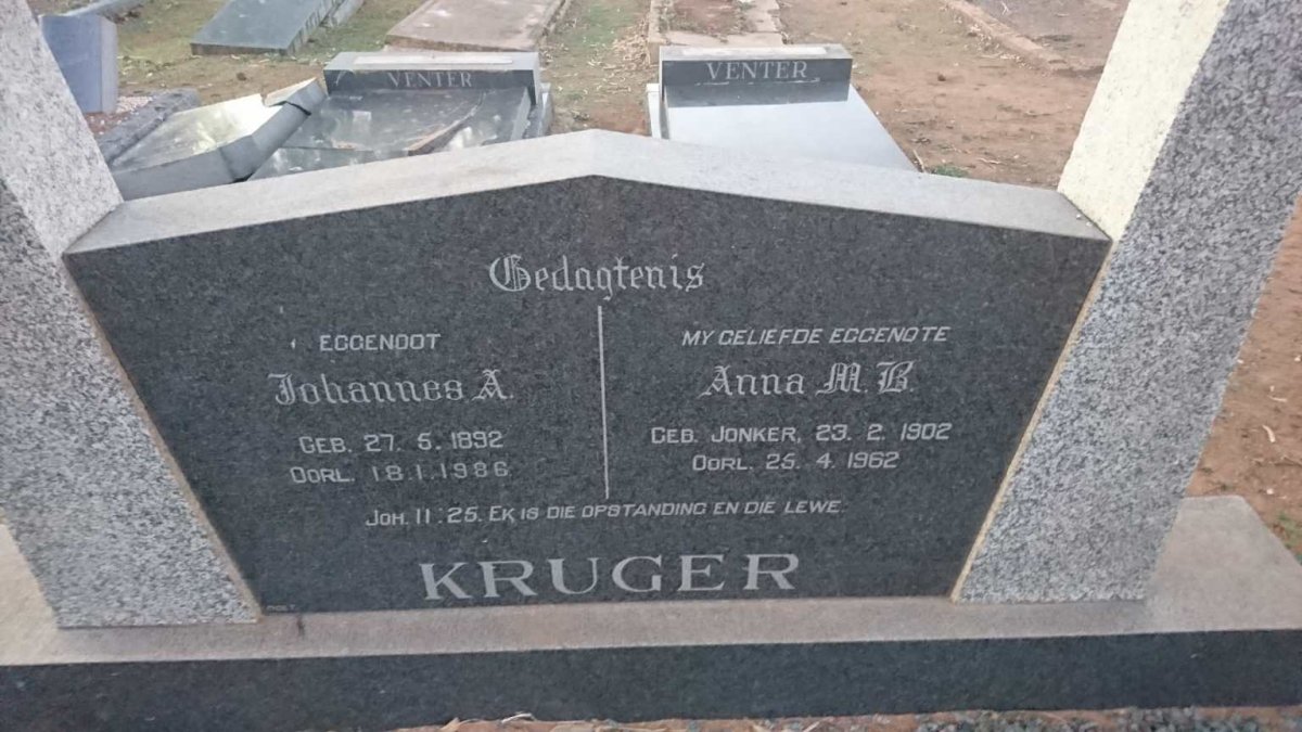 KRUGER Johannes A. 1892-1986 &amp; Anna M.B. JONKER 1902-1962