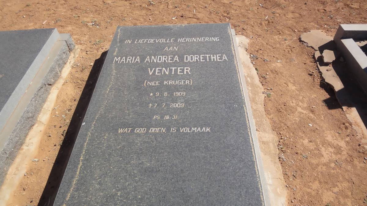 VENTER Maria Andrea Dorethea nee KRUGER 1909-2009