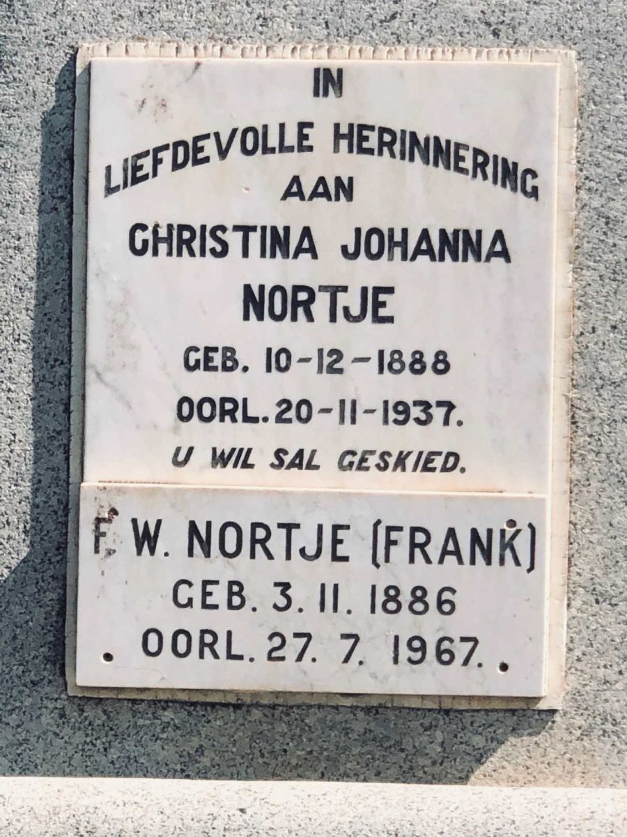 NORTJE F.W. 1886-1967 &amp; Christina Johanna 1888-1937