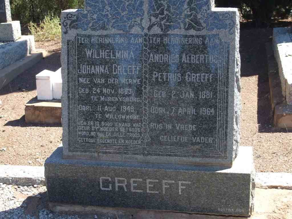 GREEFF Andries Albertus Petrus 1881-1964 &amp; Wilhelmina VAN DER MERWE 1883-1949