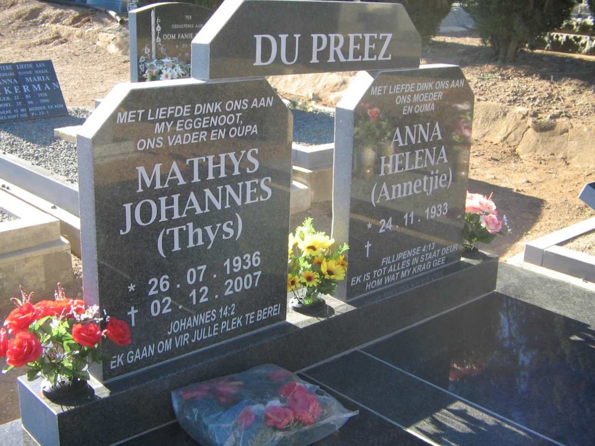 PREEZ Mathys Johannes, du 1936-2007 &amp; Anna Helena 1933-