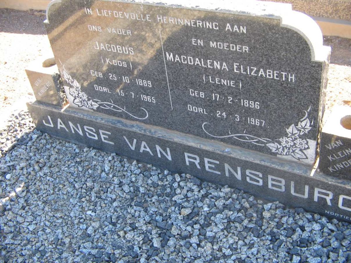 RENSBURG Jacobus, Janse van 1889-1965 &amp; Magdalena Elizabeth 1896-1967