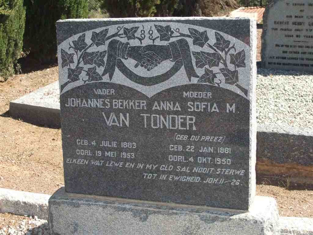 TONDER Johannes Bekker, van 1883-1953 &amp; Anna Sofia M. DU PREEZ 1881-1950