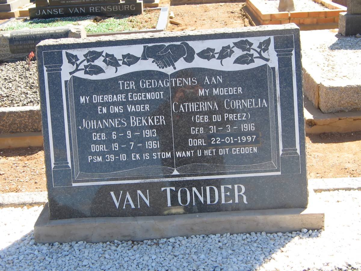 TONDER Johannes Bekker, van 1913-1961 &amp; Catherina Cornelia Du PREEZ 1916-1997