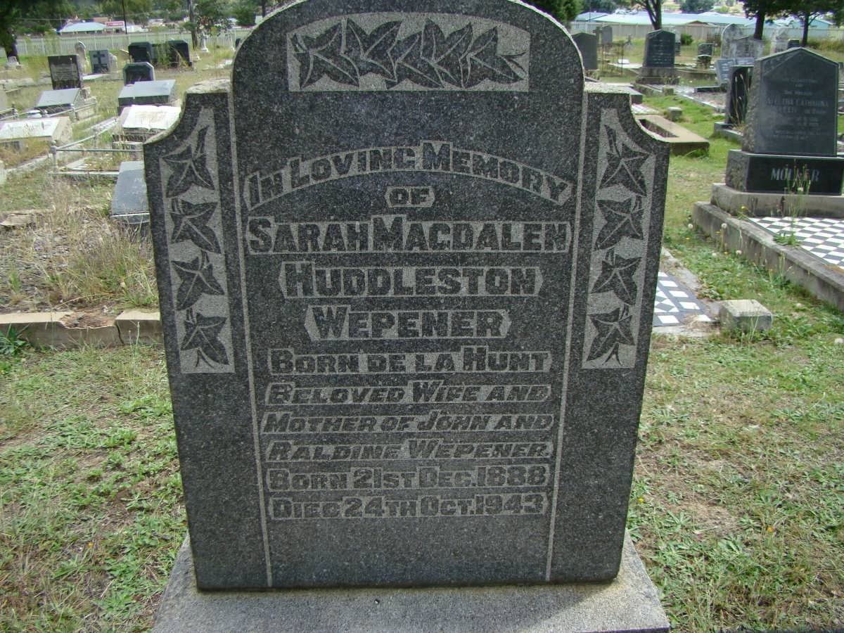 WEPENER Sarah Magdalen Huddleston nee DE LA HUNT 1888-1943 