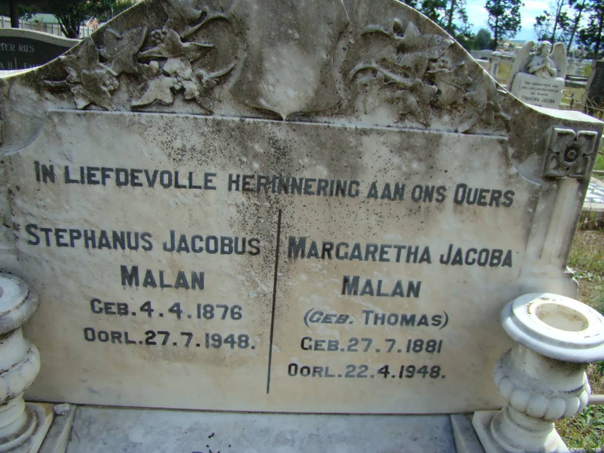 MALAN Stephanus Jacobus 1876-1948 &amp; Margaretha Jacoba THOMAS 1881-1948