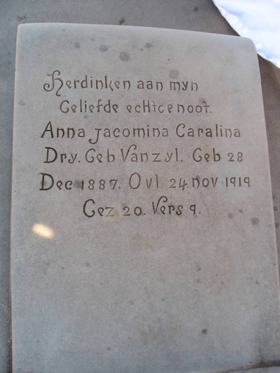 DRY Anna Jacomina Caralina nee VAN ZYL 1887-1919